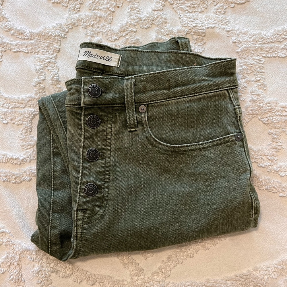 Madewell 9” High Rise Skinny Crop Green Stretch Jeans Button Fly